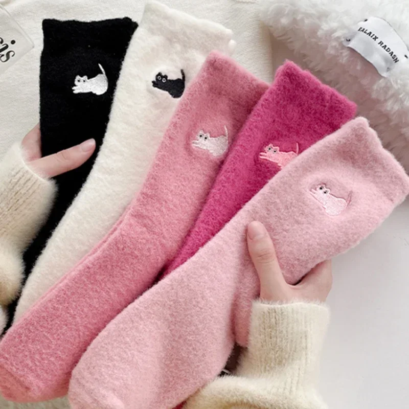 3Pairs Cute Cat Mink Velvet Socks Autumn Winter Hosiery Thickened Plush Warm Thicken Sleep Thermal Home Floor Fluffy Fleece Sock