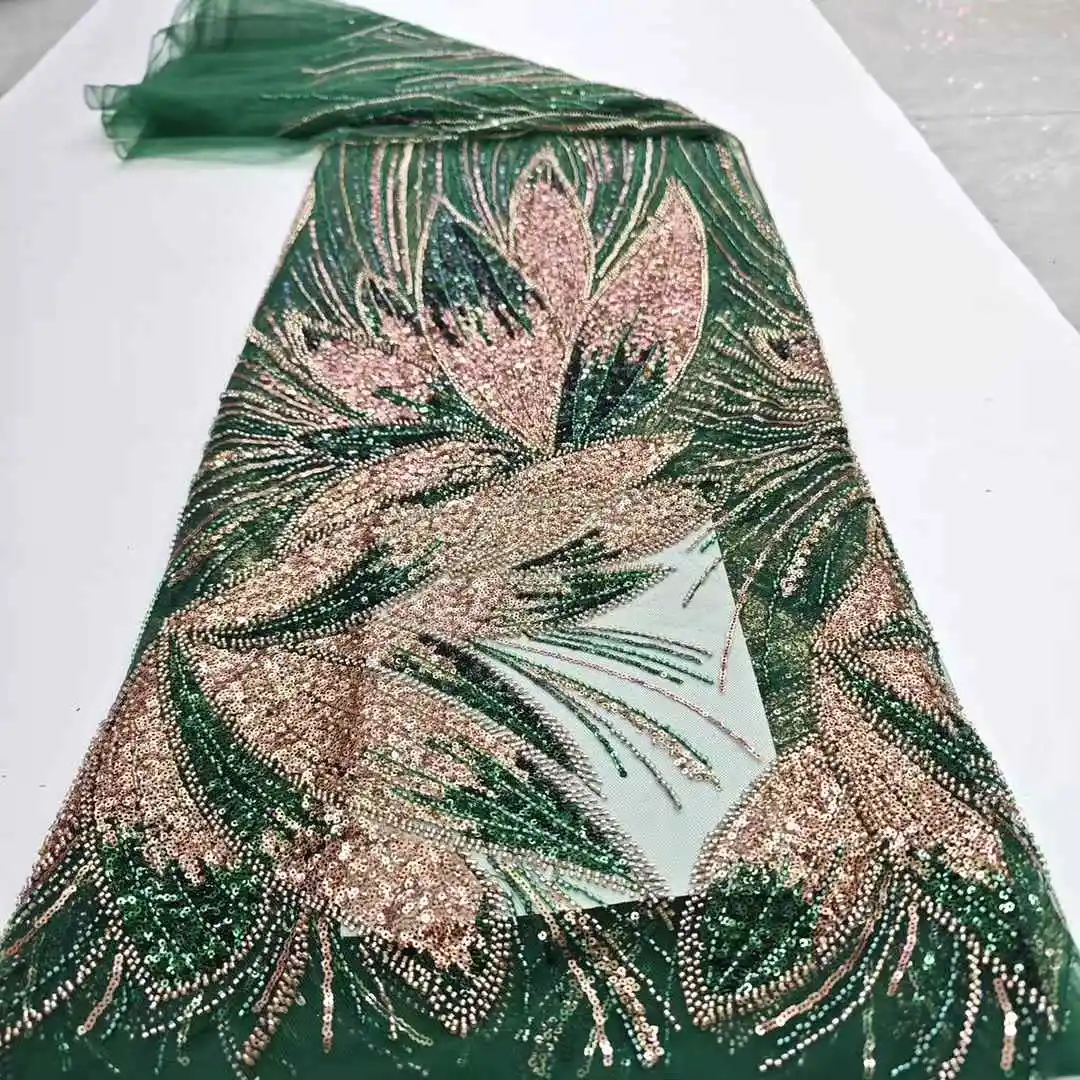 

Nigerian Groom Beaded Lace Fabric 2025 Luxury African Handmade Sequins Beads Lace Fabric For French Lace Wedding Dresses