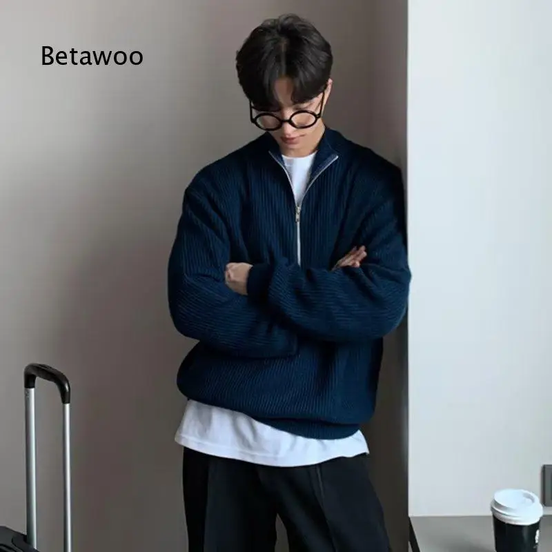 Korean Style Mens Autumn Half Zip Pullover Sweater Stand Collar Knit Tops Versatile Fashion Outerwear For Daily Casual Street An