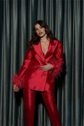 Newest Ostrich Feather Women Suits Pants Set 2 Pcs Satin Jacket+Trousers Formal Double Breasted Prom Dress Женский костюм