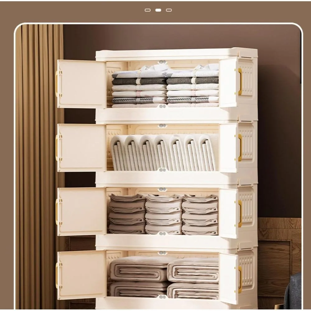 Armario de almacenamiento plegable de 4 niveles, 55 cm de ancho, armario de plástico apilable con ruedas y puertas transparentes. Organizador plegable y versátil, cajón para colocar junto a la cama, ideal para guardar ropa, juguetes, en el dormitorio, la sala de estar o la habitación de un estudiante.