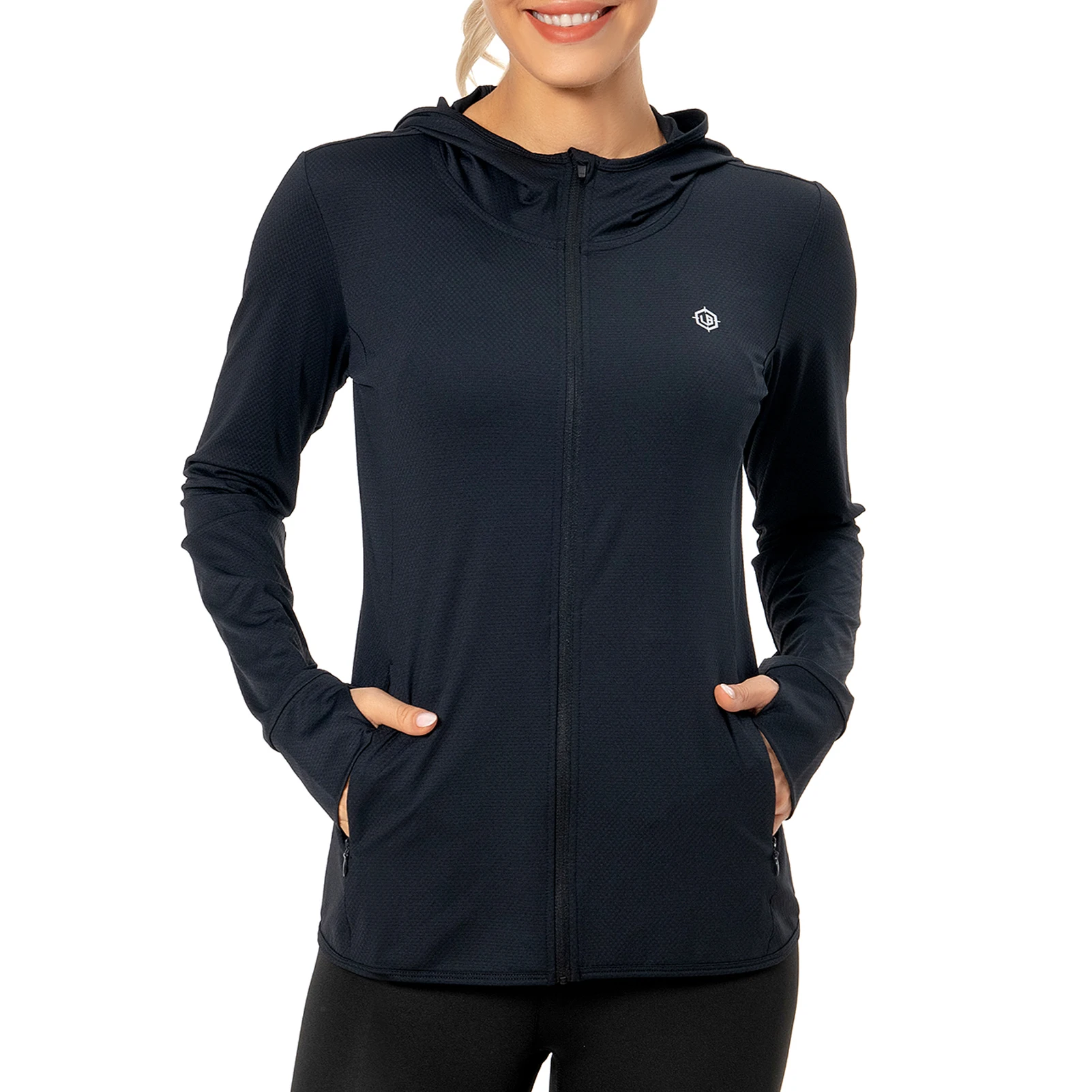 Lighbare Damen upf 50 Kapuzen pullover mit durchgehendem Reiß verschluss Langarm-Sonnen hemd mit Kapuze und Taschen zum Wandern im Freien