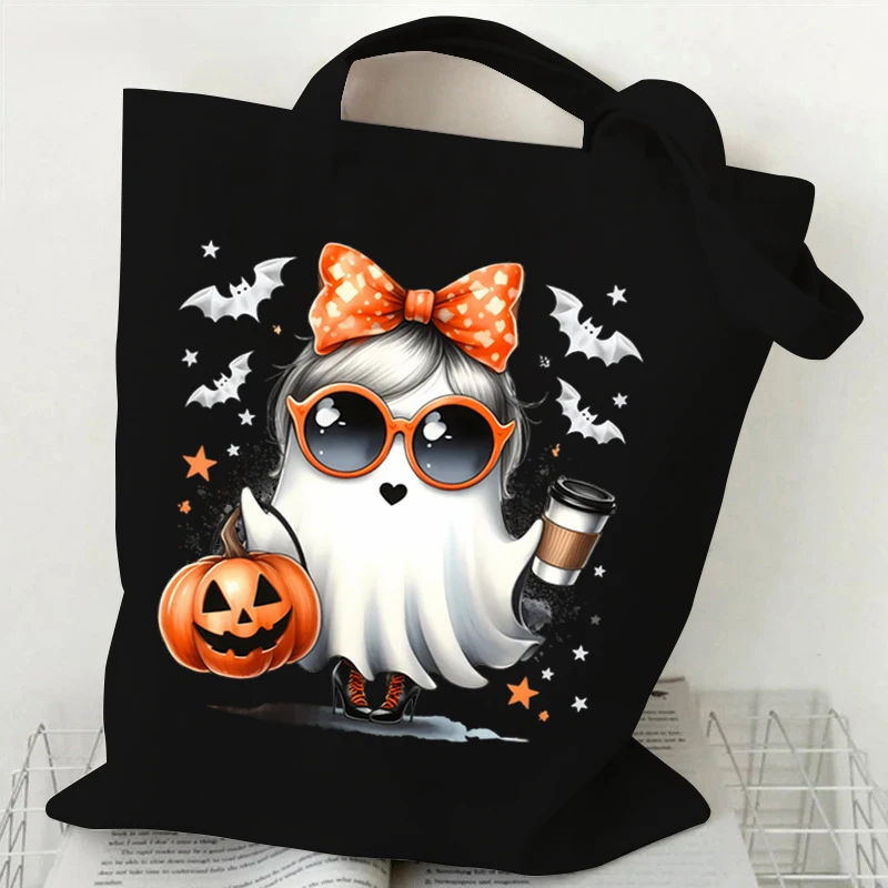 Dancing Skeleton Pattern Canvas Shoulder Bag Unisex Pumpkin Ghost Drinking Coffee Pattern Handbag Funny Halloween Women Tote Bag