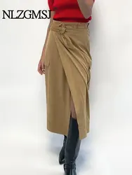 TRAF 2024 Autumn With Sashes Women Wrap Skirt Pleated High Waisted Pockets Faux Suede Midi Long Skirt Y2K