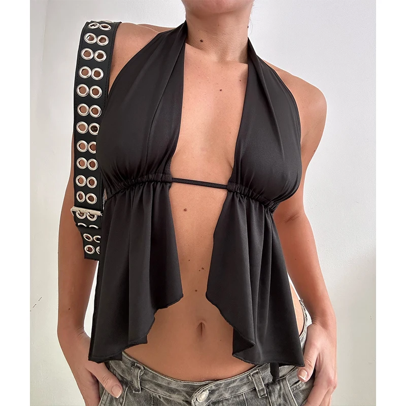 

Women Crop Tops 2024 Summer Home Can Be Worn Outdoors Basic Tank Top Solid Black Sext Slimming Backless Sleeveless Streetwear