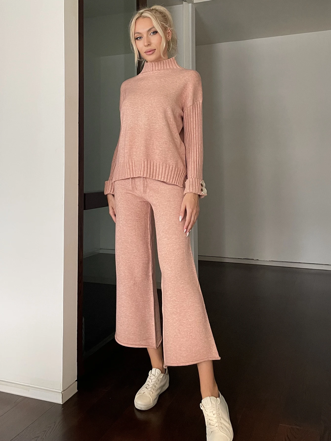 

Wixra Knitted Women Sets Long Sleeve Turtleneck Button Sweater+High Waist Trousers Solid Elegant Female 2 piece Suit