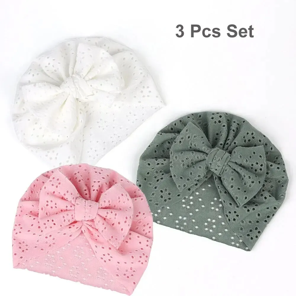 3Pcs Summer Baby Bow Turban Hat Elastic Newborn Mesh Indian Cap Solid Color Hollow Breathable Infant Girls Boys Beanie Bonnet