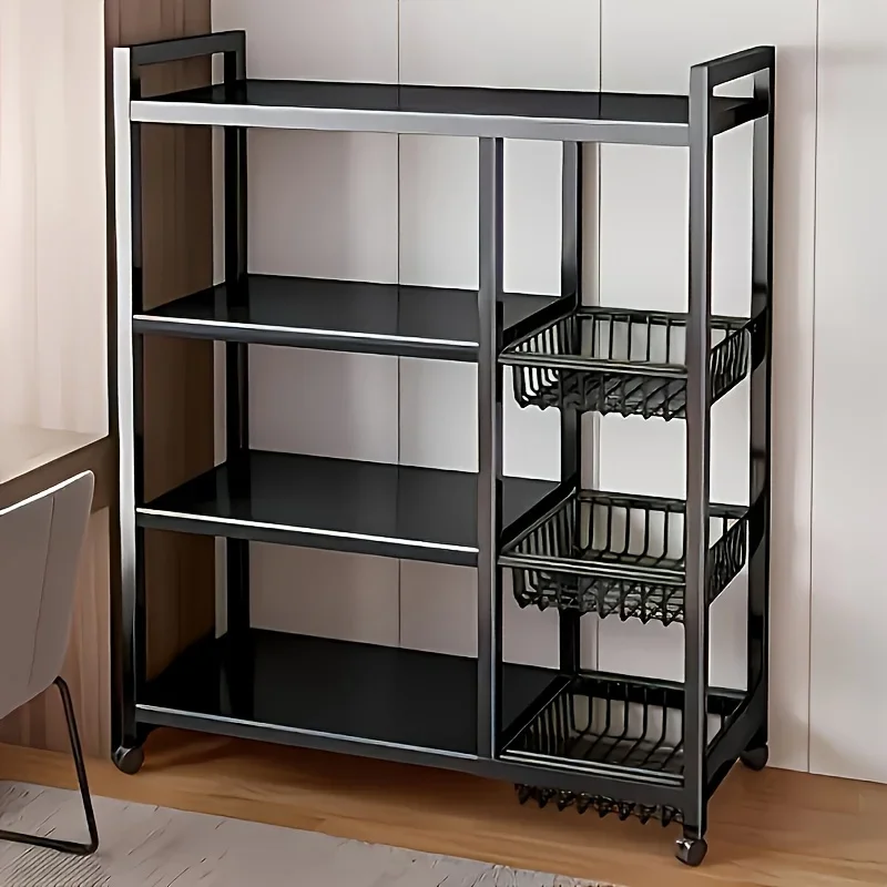 4-tier adjustable gold metal storage shelf with wheels and 3 baskets - Mobile organizer shelf kitchen