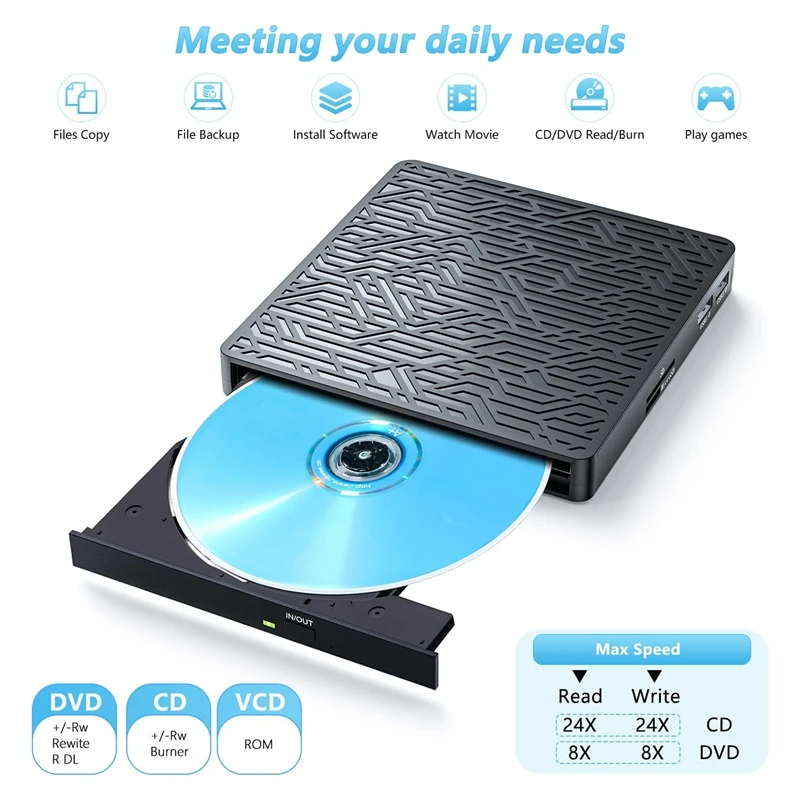 외부 DVD 드라이브 어댑터, USB 3.0 및 C 타입, 5 in 1 외부 CD 라이터, DVD 버너 플레이어, 모든 노트북, 데스크탑, 1 개