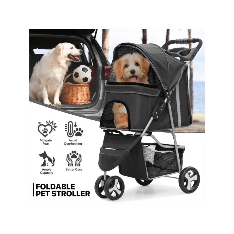 Foldable Dog Strollers For Small Dogs With Weather Cover, 3 Wheels Pet Strolling Cart For Dogs And Cats With Storage Basket