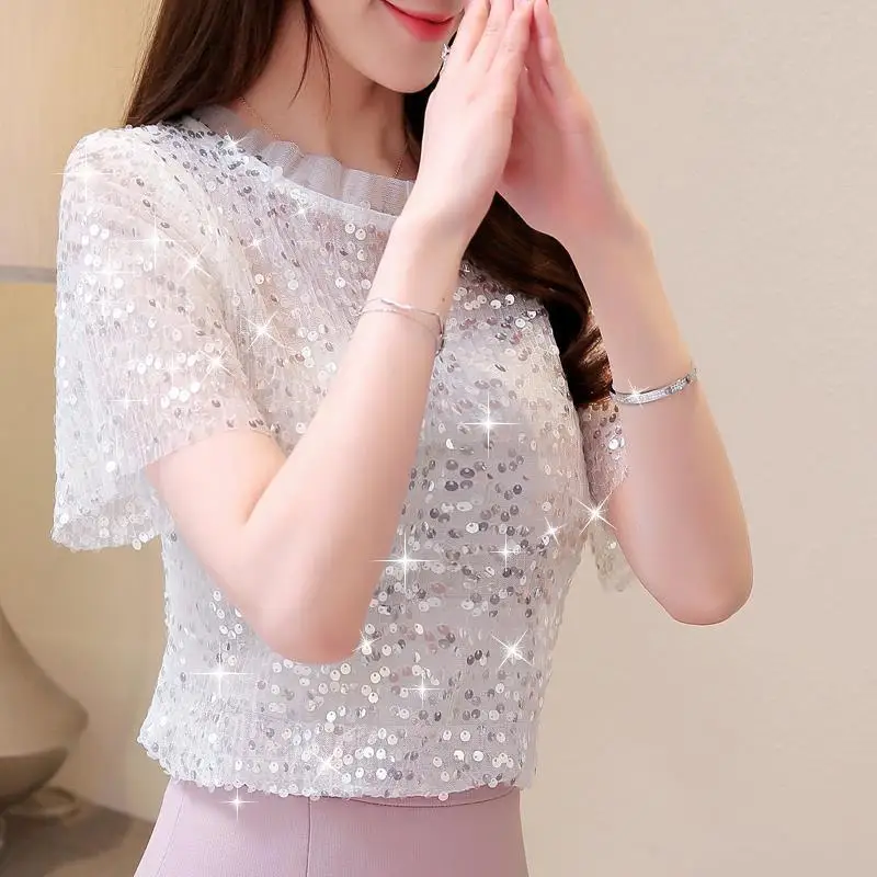 iny Sequin ort Sve Chiffon Top Korean Sle Summer Bright Lady Faionable Outerwear Lace Collar Stand out Piece