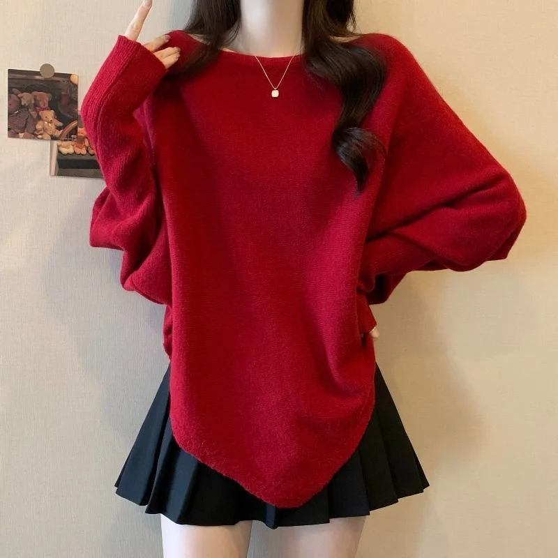 Maglione lavorato a maglia da donna Pullover tinta unita a maniche lunghe con maniche a pipistrello irregolari