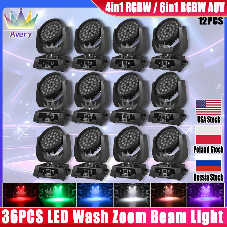 

0 Tax 12Pcs 36x12/8W RGBW 4in1 /RGBWAUV 6in1 LED Zoom Wash Moving Head Light DMX Control Stage Lighting Professional Beam