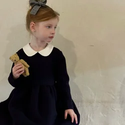 Girls Turn-down Collar Knitted Dress 2024 Autumn New Children Patchwork Peter Pan Collar Long Sleeve Dress