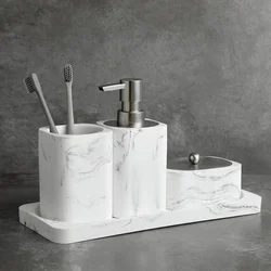 Bathroom Accessory Marble Look Includes Lotion Dispenser Soap Pump Tumbler Saop dish Cotton swab box and Tray