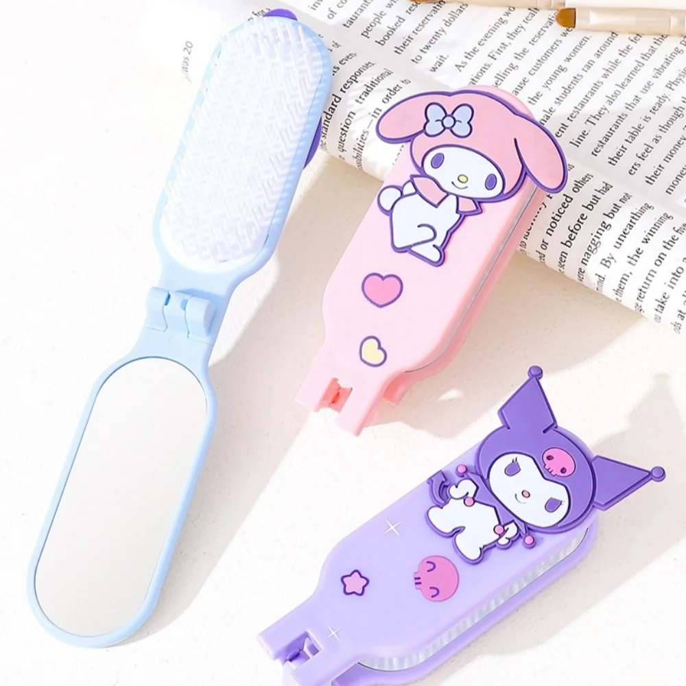 Genuine Sanrio Foldable Hair Comb with Mirror Kawaii Hello Kitty Kuromi My Melody Cinnamoroll Plastic Soft Hair Cleaning Brush