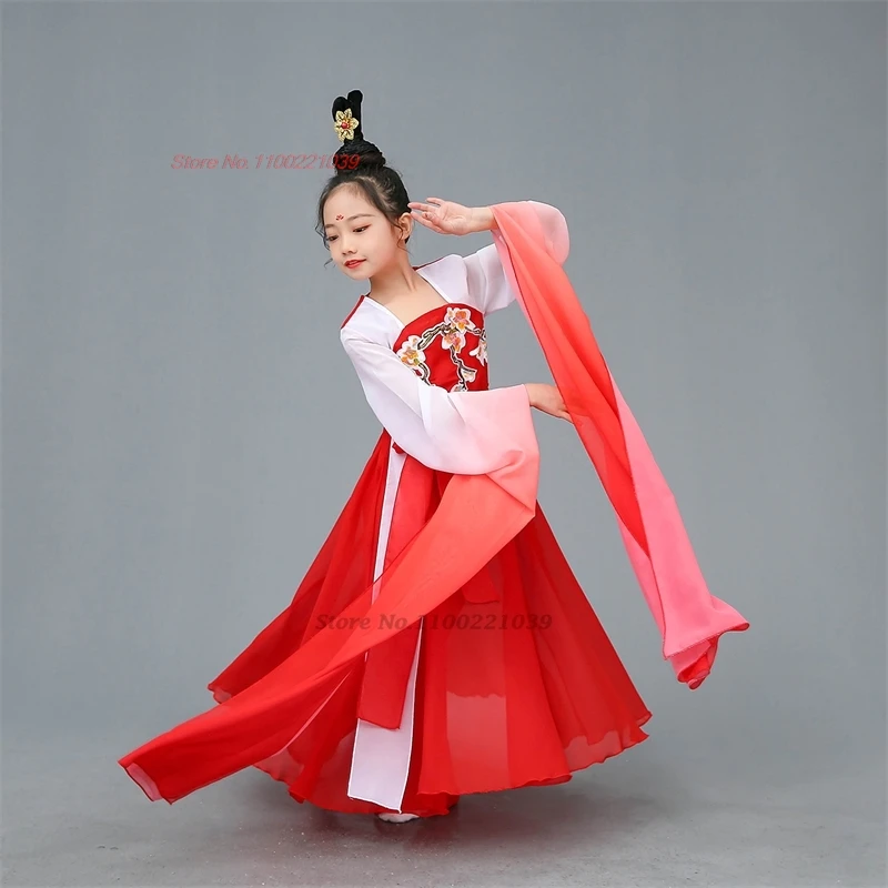 2025年 伝統的な中国の子供たちのダンス衣装 花刺繍漢服ドレス レトロなステージパフォーマンスドレス 古代の民族舞踊