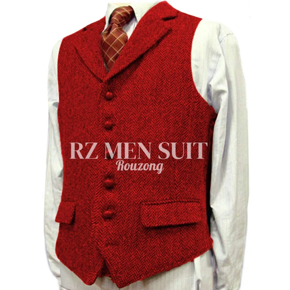 Mens Classic Henringbone Pattern Suit Vest Notch Lapel Slim Fit Waistcoat for Wedding Groomsmen chaleco hombre