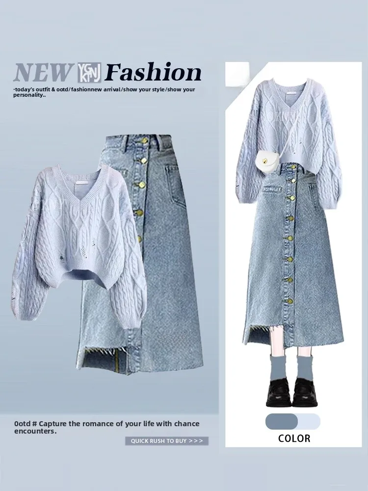 Autumn Winter Denim Faion Set Women's Salt System Lazy Hole Sweater Vivacious Agel  Skirt Two Piece Set Casual Sle