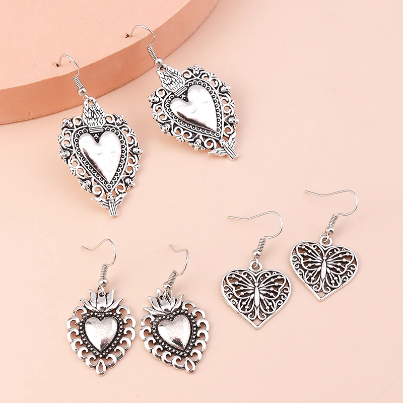 3 Paar/Set ethnische Metall-Ohrringe mit Liebesherz-Anhänger für Frauen und Mädchen, Party, Festival, Schmuck, Geschenke – Detail 2