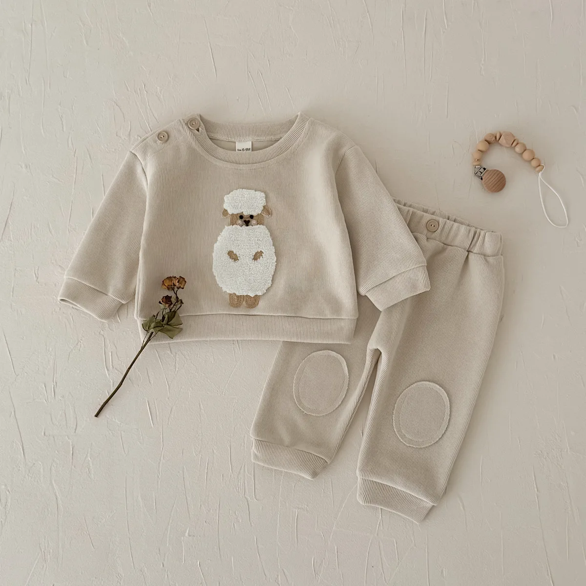Korean Unisex Baby Lamb Towel Embroidery 2Pcs Outfit,Spring Fall Ribbed Round Neck Top & Knee Pad Pants Infant Clothes