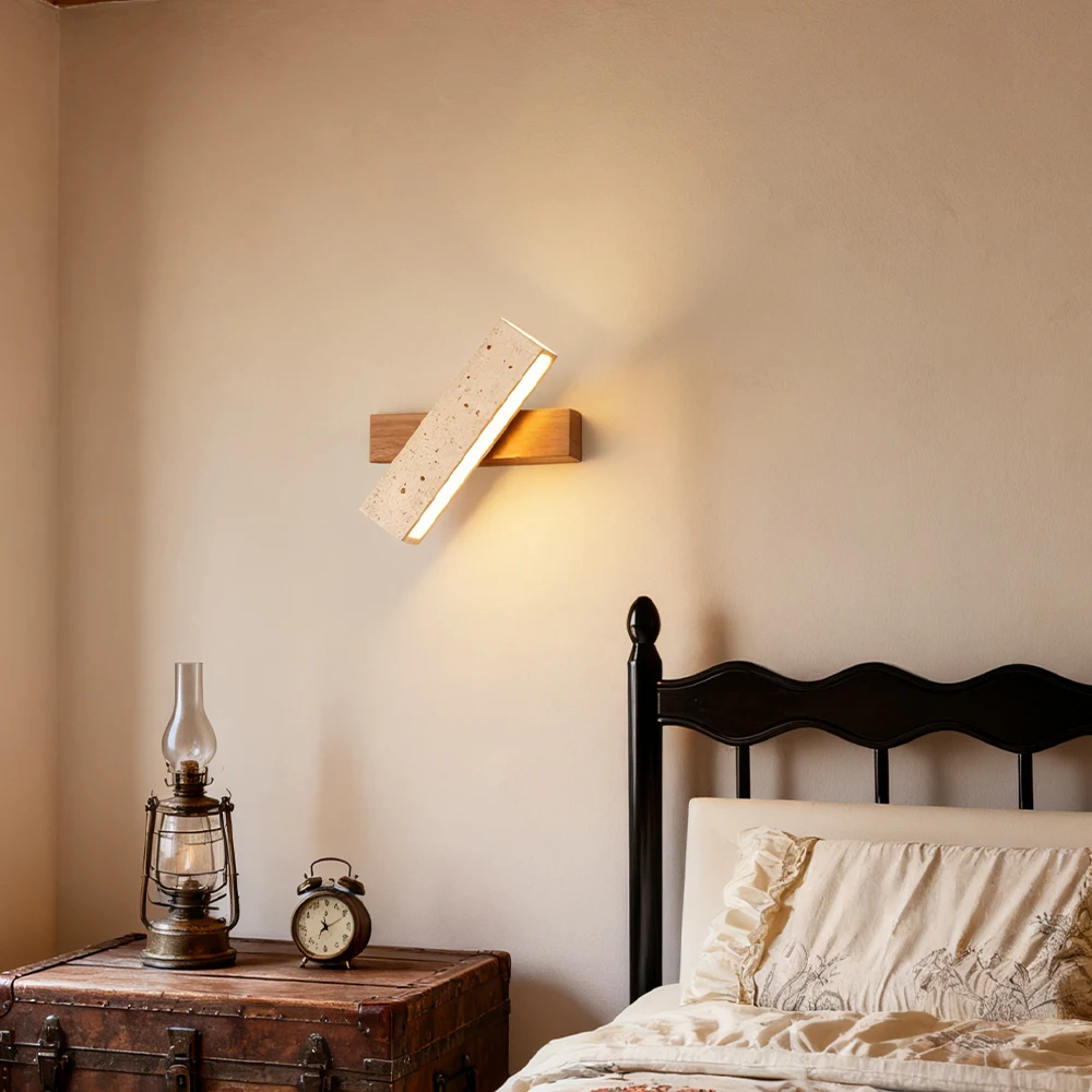 

Wabi Sabi Rotating Cave Stone LED Wall Sconce Wooden Base Bedroom Bedside Lamp Yellow Travertine Stone Wall Lamp Read Lighting