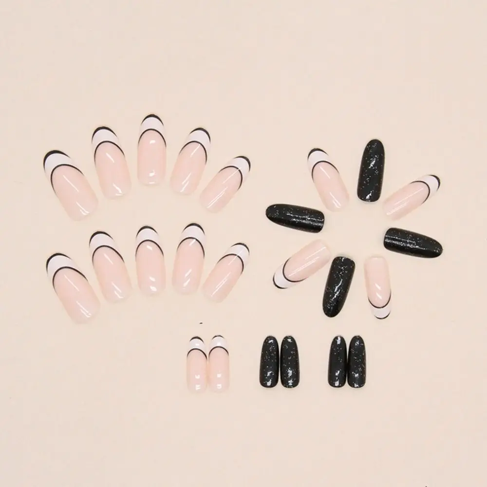Manicure Long Oval False Nails French Eyes Yellow Lemon Fake Nials Detachable Black Lines Press on Nails DIY
