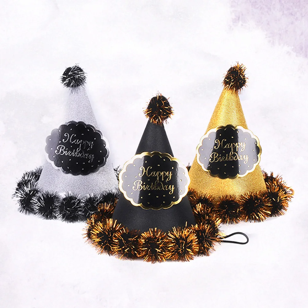

3pcs Birthday Pointed Hat Pompom Ball Party Hats Birthday Party Decoration Supplies (Golden + Silver + Black)