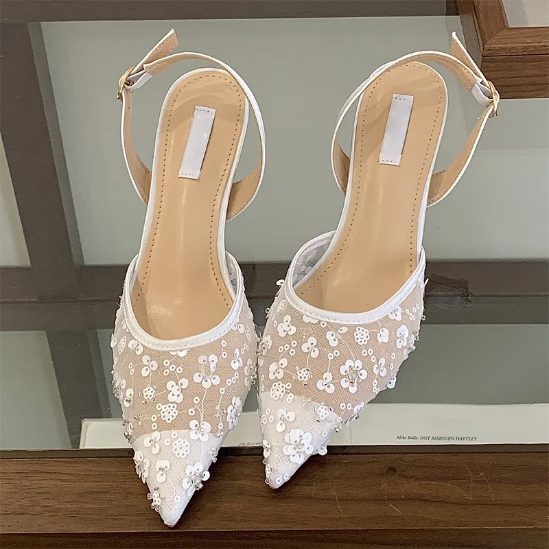 

Aneikeh Элегантные свадебные туфли с острым носком на тонком каблуке, сандалии с открытой пяткой, туфли-лодочки, модная женская обувь с сеткой и блестками