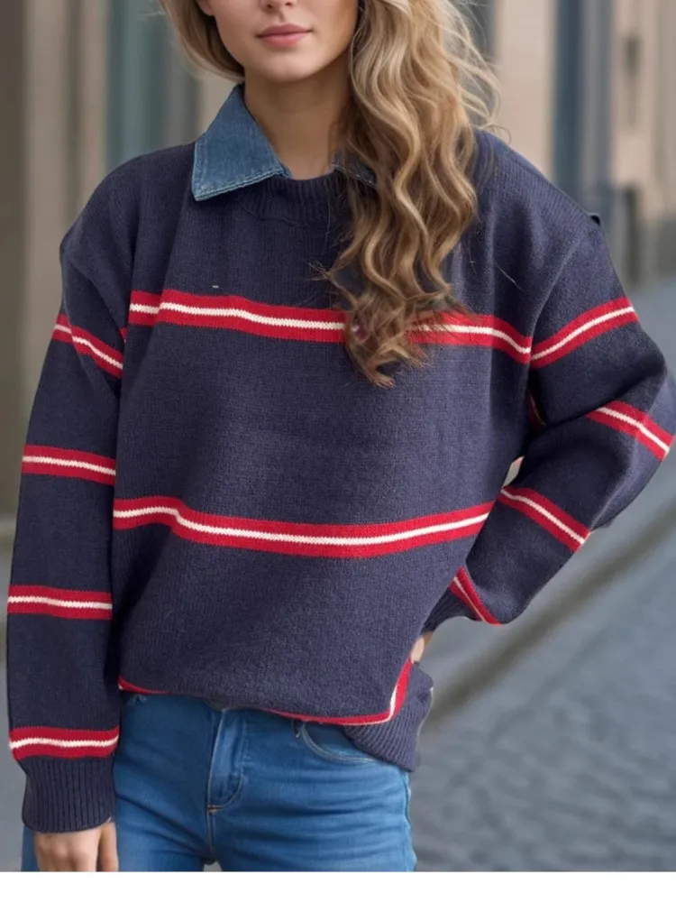 Осенне-зимний вязаный свитер с лацканами, женский контрастный цвет, универсальный полосатый повседневный свободный пуловер с длинными рукавами