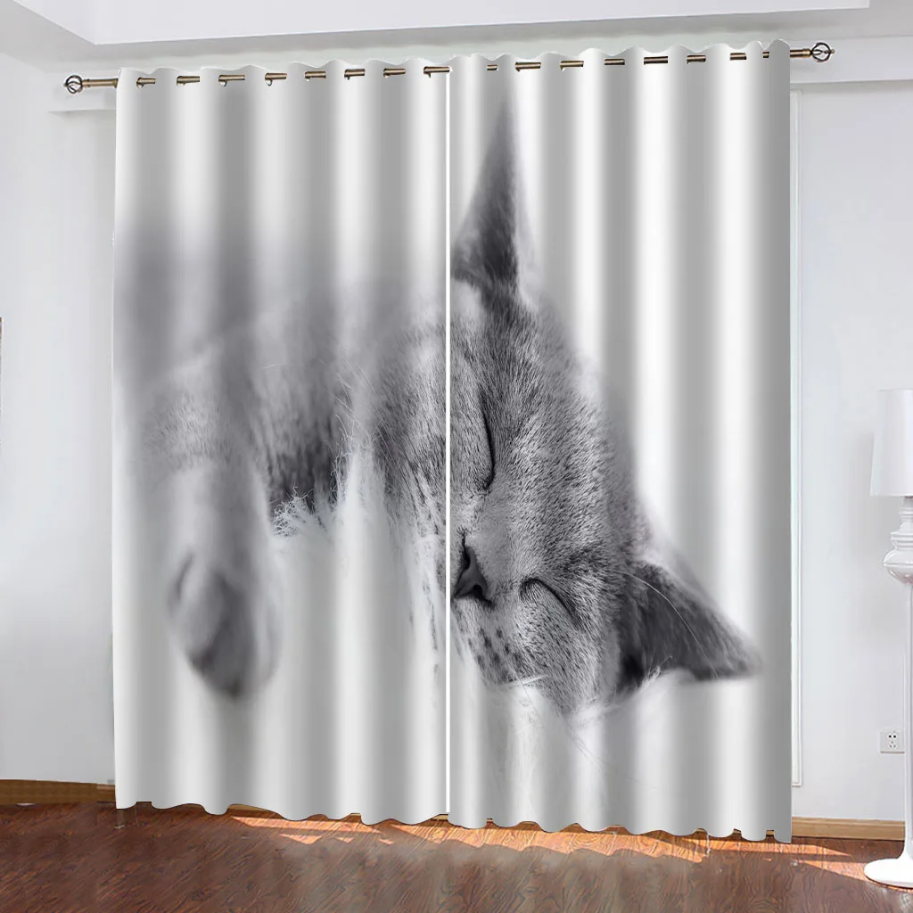 HUANZHUANG Home Interior Curtains Grey Animal Cat Curtain D Print Bedroom Living Room Window Blackout Partition Style Home Decor