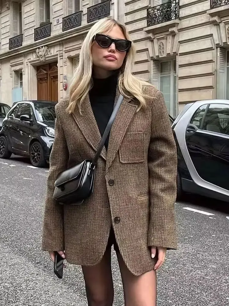 

HH женский осенний модный пиджак в клетку с длинными рукавами и лацканами с v-образным вырезом и карманами, офисные женские элегантные пальто