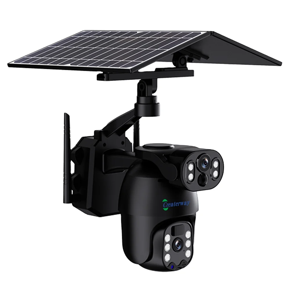 عدسة مزدوجة كاملة الألوان CMOS الأمن في الهواء الطلق تعمل بالطاقة الشمسية كاميرا IP 30 متر للرؤية الليلية AI التكنولوجيا المدمج في صفارة الإنذار هيئة التصنيع العسكري المنزل #1