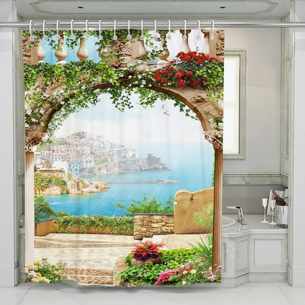 European Style Architecture Scenery Shower Curtain Seaside City Sea View Arches Flower Vine Man Bathroom decor Bath Curtain Hook