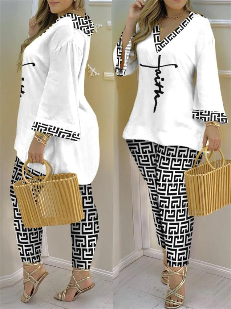 

Faith Geometric Print Bell Sleeve Top & Pants Set