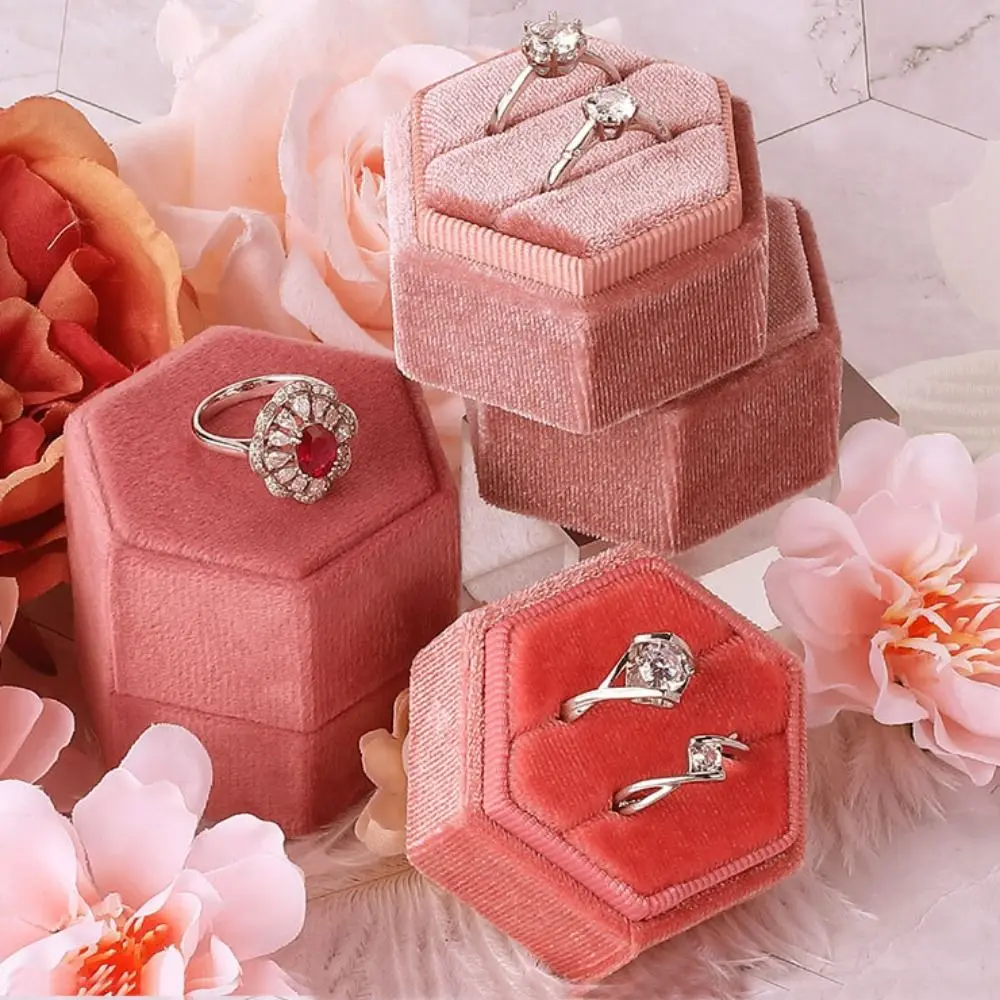 Fashion Two Slots Velvet Rings Holder Luxury Hexagon Rings Bearer Box Proposal Storage Rings Display Case Couple