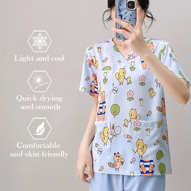 

Cute Print Nurse Uniforms Surgical Shirt Dental Assitant Workwear Hospital Scrubs Silky Polyester Beauty Salon Clothes YH007