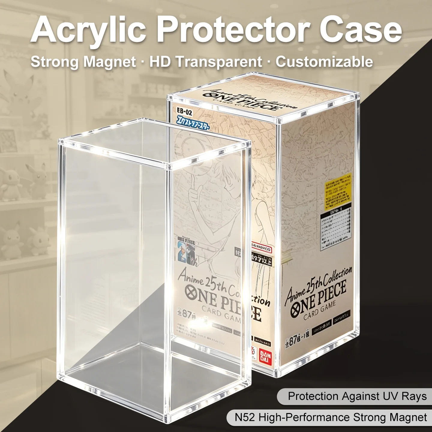 5mm Thick Acrylic Card Storage Box 75x91x148mm, High Clear UV Protection N52 Strong Magnet Collectible Case