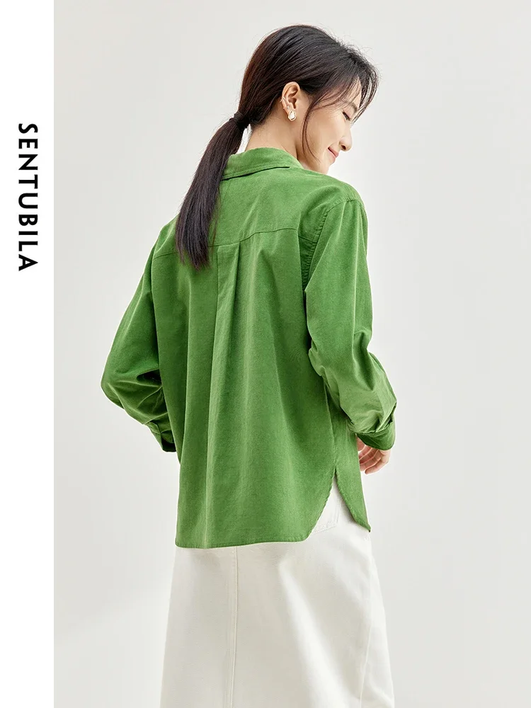 SENTUBILA Women\'s Cotton Corduroy Shirt Lapel Single Breasted Spring Green Loose Blouse Women 2024 Long Sleeve Top 133C51681