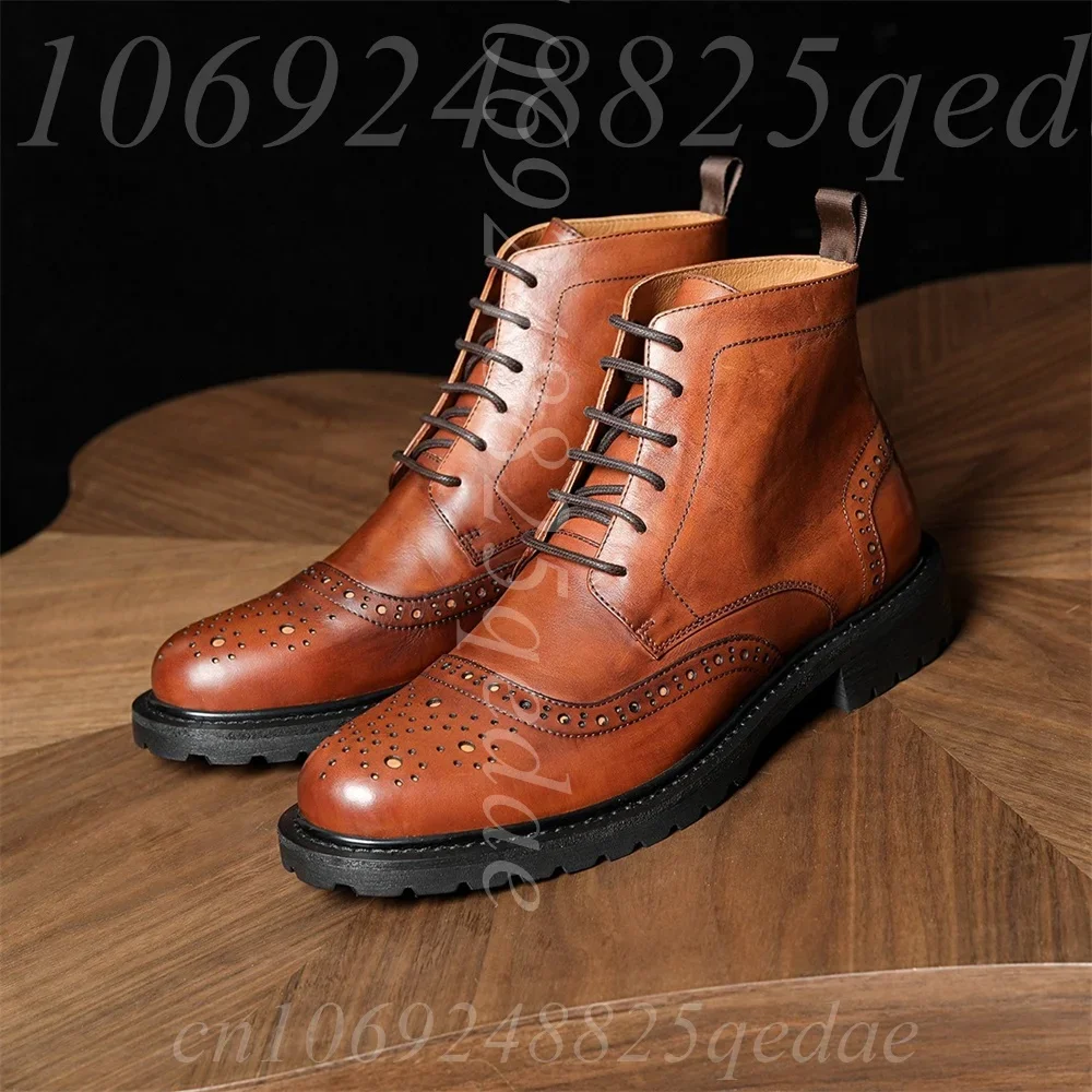 Men's Brogue Wingtip Lace-Up Ankle Boots, Pull Tab, Non-Slip Lug Sole, Comfortable Durable Boots for Men, Classic Brogue Detail
