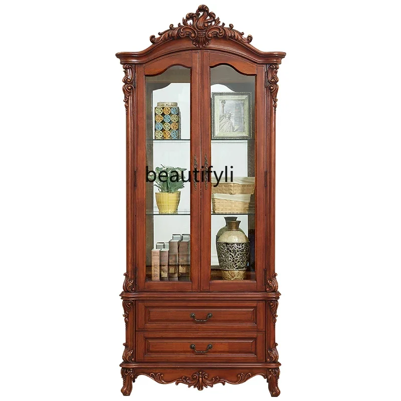 

xzEuropean Solid Wood Single Door Wine Cabinet American Carved Two Doors Glass Cabinet Double Doors Display Storage Side Cabinet