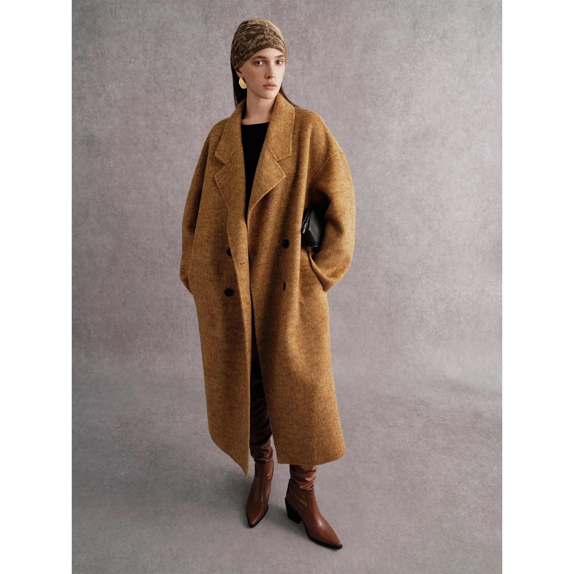 Allingentle Brown Woolen Women Long Blazer Elegant Long Jacket for Party Daily Office Work Outfits with Belt Customize