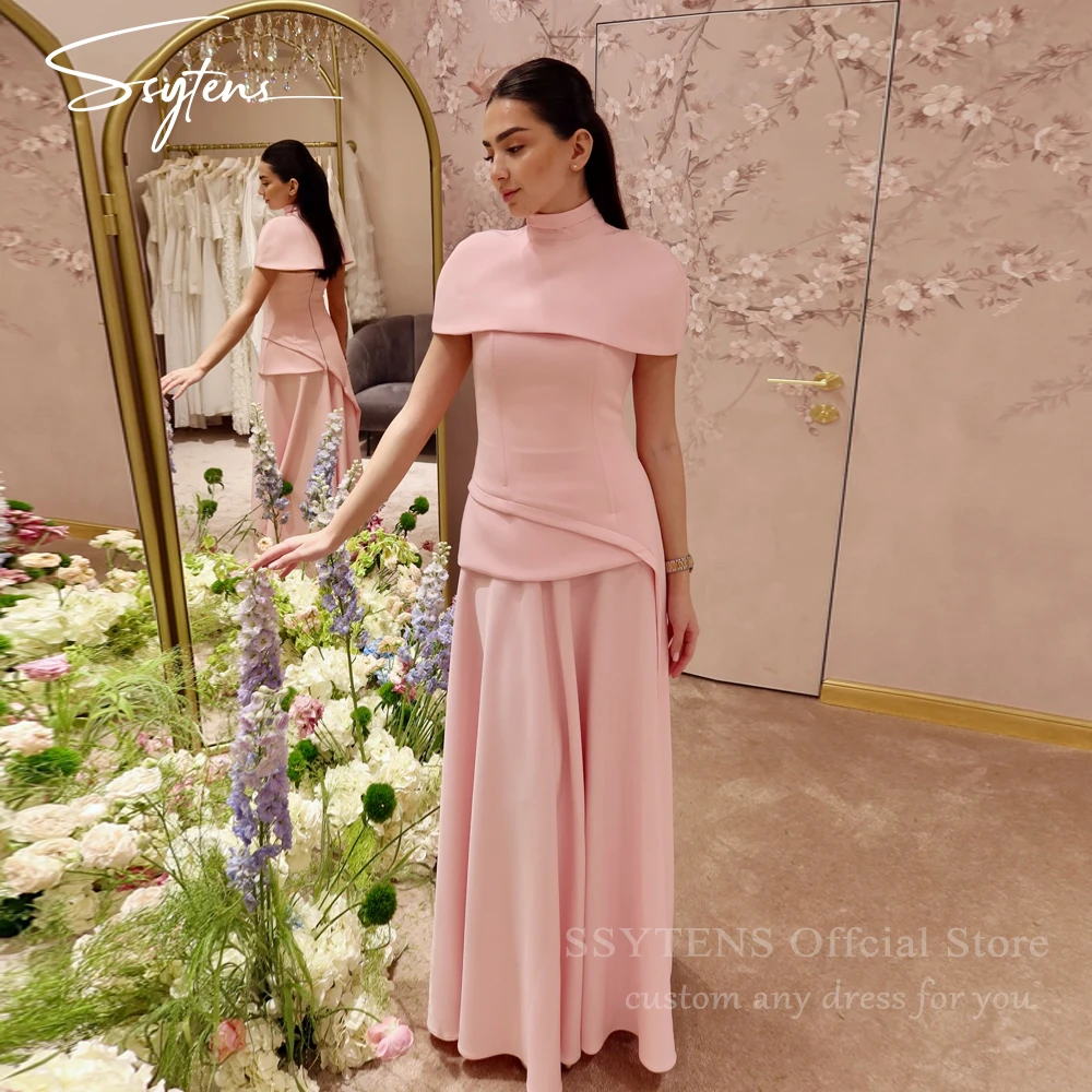 

SSYTENS Pink Long Length Evening Dresses High Neck Prom Dress Robes De Soirée Cape Asymmetrical Vestidos Para Mujer Customized