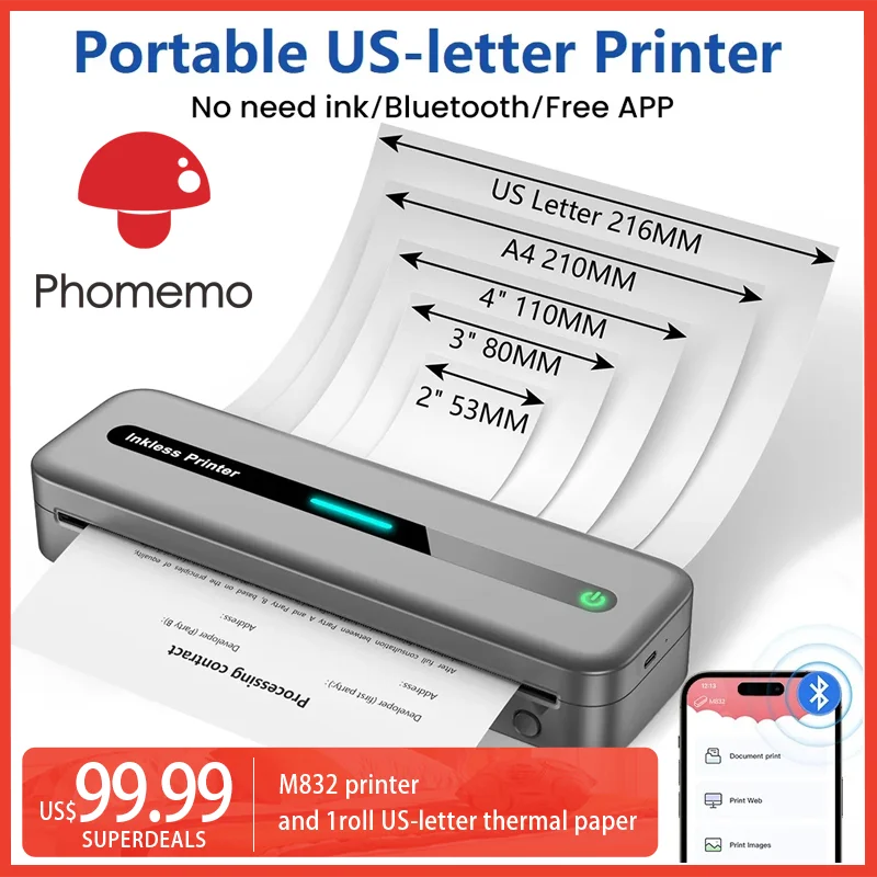 Impresora térmica portátil M832 de 300dpi, dispositivo de impresión sin tinta, inalámbrica, Bluetooth, iOS, teléfono Android, ordenador portátil