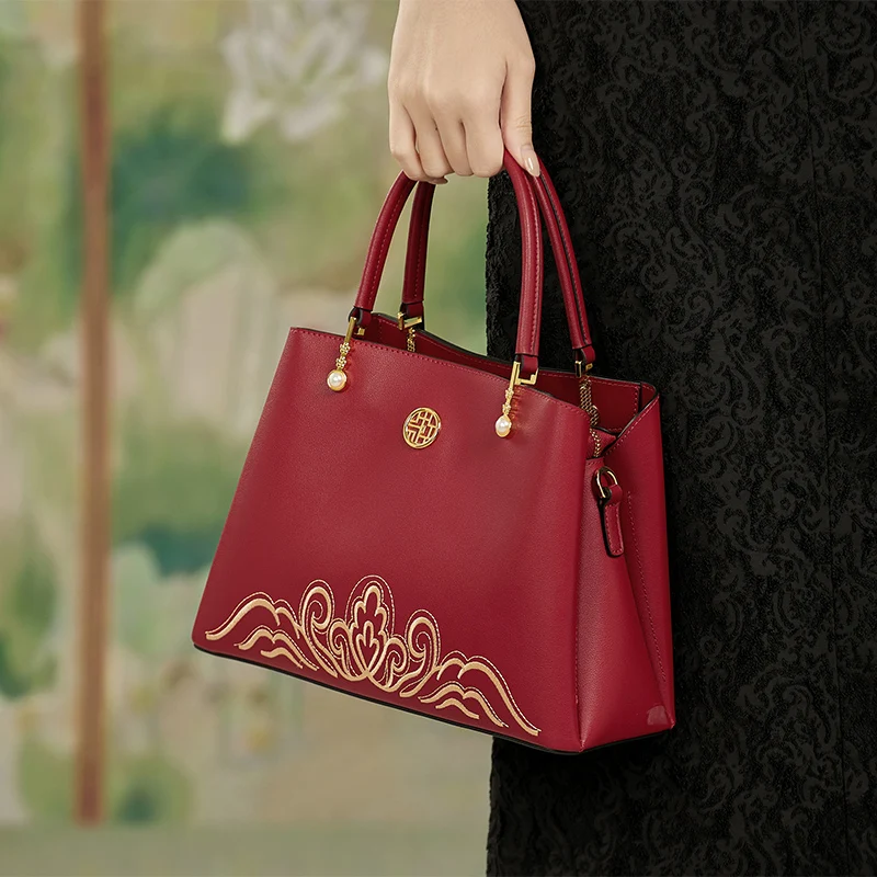 New Arrived High End Leather Women Handbag Large Fashion Handmade Shoulder Bag Cow Leather Tote Bag Embroidery Purses#sc1889