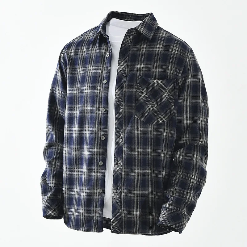 

New Fall Winter Mens Shirts Long Sleeve Japanese Vintage Plaid Shirts for Man Daily Casual Pocket Lapel Button Shirt Jacket Men