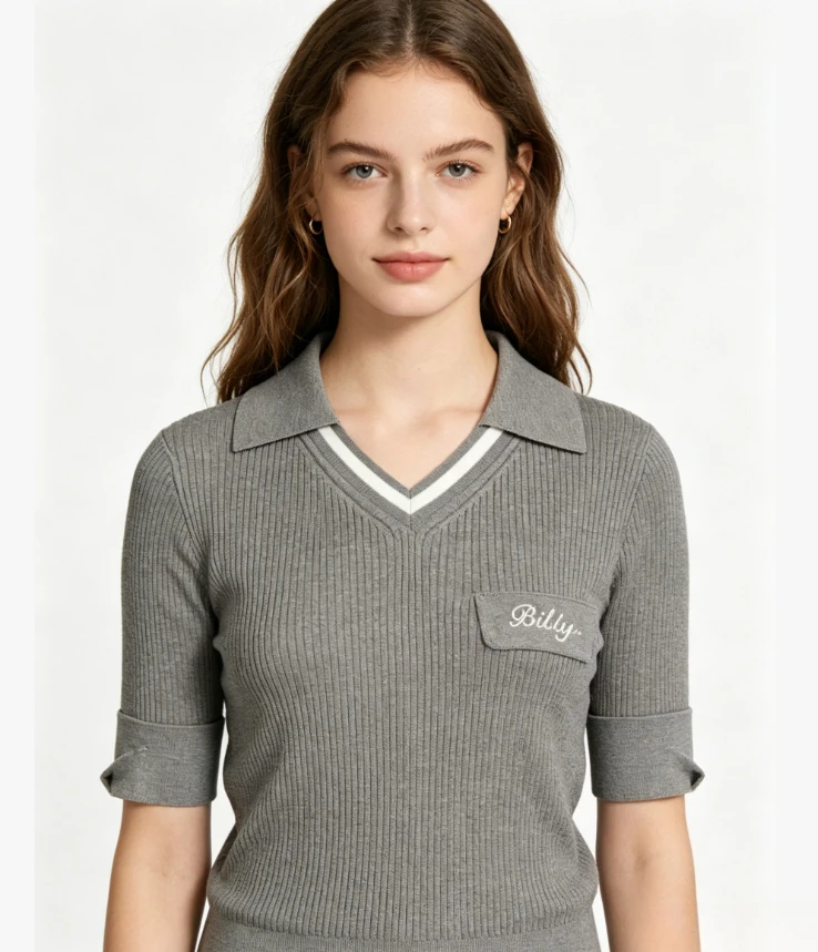 

Original Japanese Style Retro Chest Color Matching V Neck Half-sleeved Knitting Shirt Summer New Elastic Silm Daily Solid Tshirt