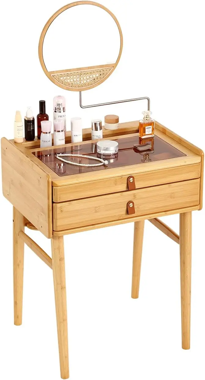 Makeup Vanity Desk, Modern Small Dresser with Adjustable-Angles Mirror & 2 Storage Drawers, Small Space, Bedroom, Wood