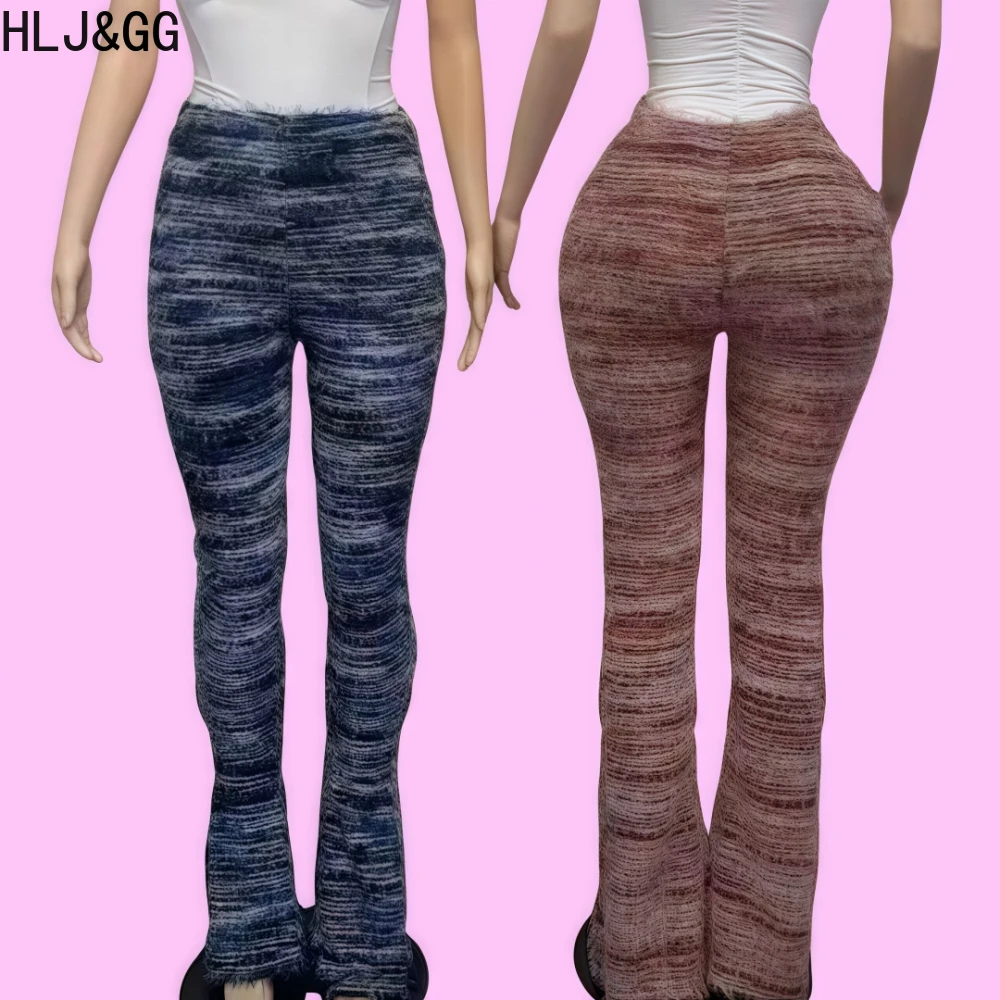 

HLJ&GG Colorful Striped Fashion Fur Stacked Pants Women Elastic High Waist Skinny Trousers Autumn New Female Ruched Bottoms 2024