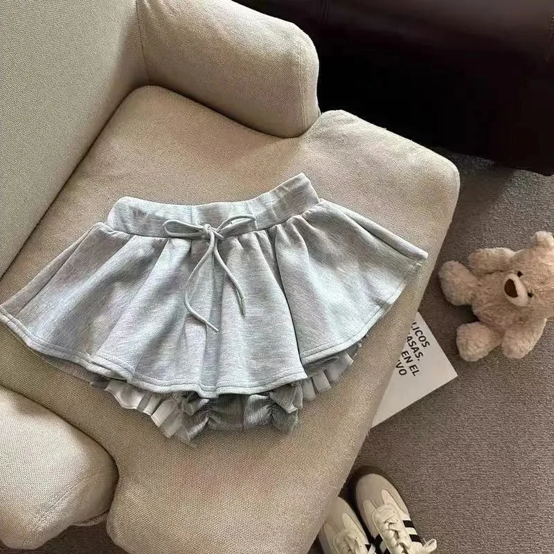 Harajuku Gray Drawstring Mini Skort Women Sweet Sexy A Line Puff Shorts Y2K Preppy Style Ruffle Sporty Black Skort